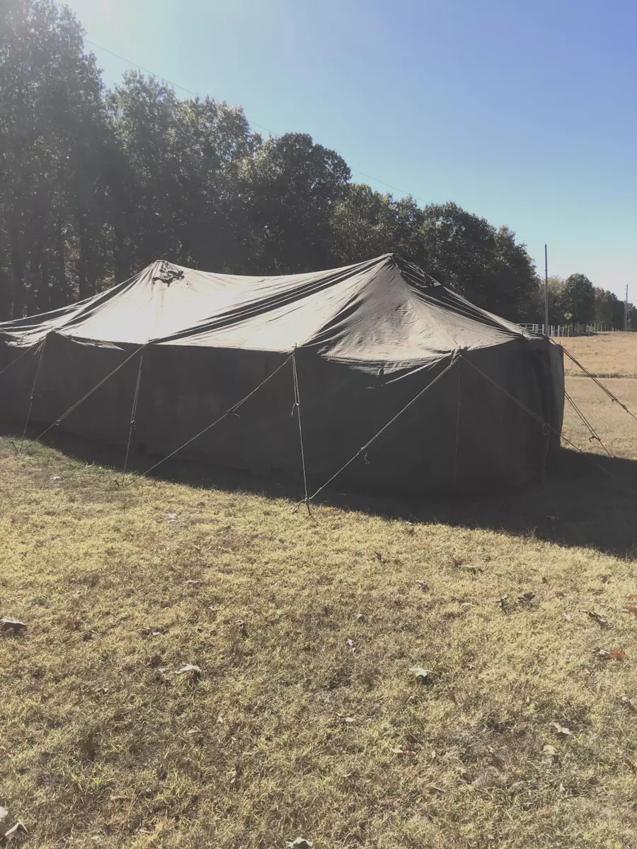 MILITARY SURPLUS REGLR CANVAS GP MEDIUM TENT 16x32 HUNT US ARMY- FAIR CONDITION