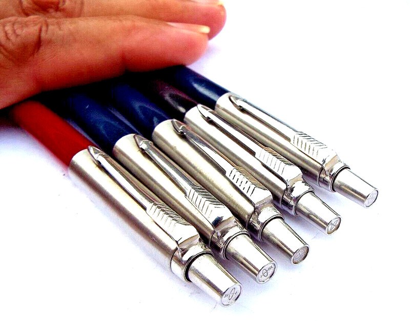Lot 5 Parker Jotter Ballpoint Pen 3-Royal Blue 1-Maroon 1-Black Chrome Steel cap
