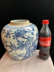 Large Antique Chinese Blue And White Porcelain Jar Double Rings Mark