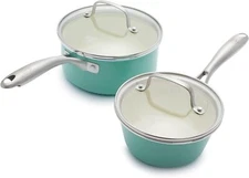 GreenLife Artisan Healthy Ceramic 1QT and 2QT Saucepan Pot Set, Turquoise 