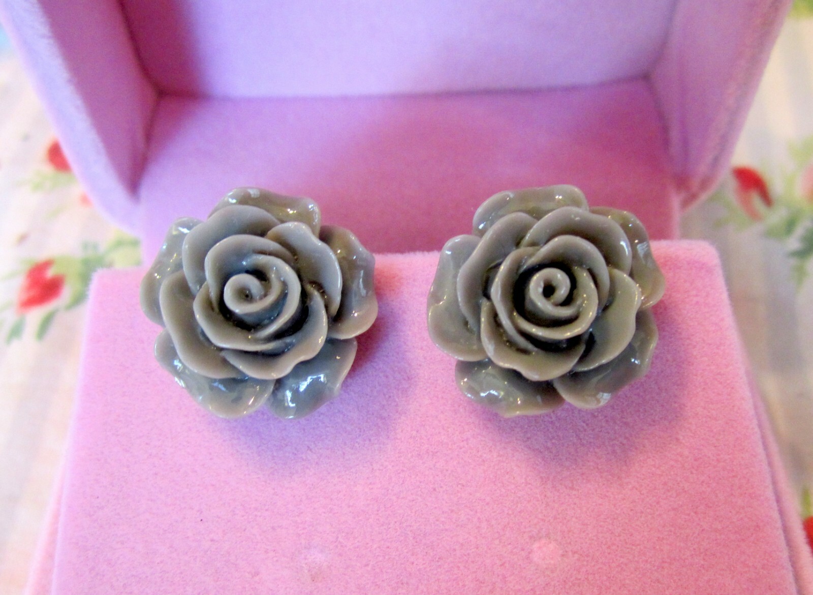 Rose Clip On Earrings Grey - Handmade
