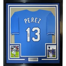 Framed Autographed/Signed Salvador Perez 33x42 Blue Jersey Beckett BAS COA