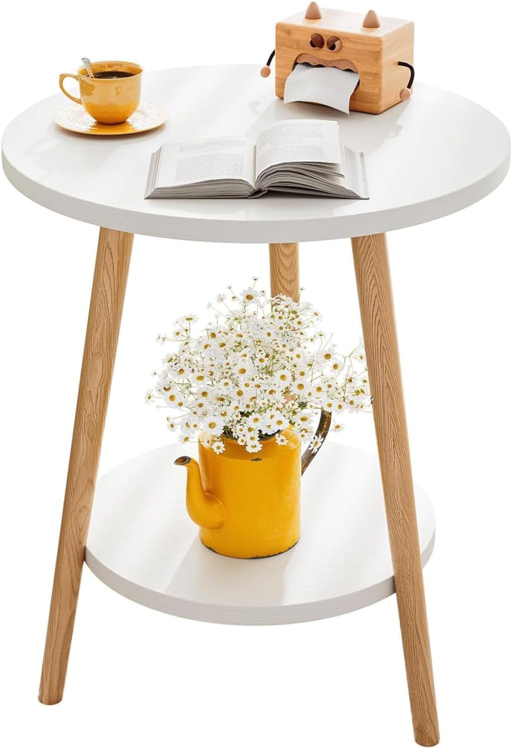 KZOBYD Round Side Table 2 Tier End Tables With Round Wooden Top Bedside Nightst