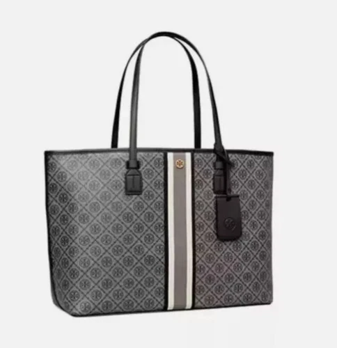 Borsa a mano nuova con etichette Tory Burch T monogramma logo rivestito tela tote bag nera vendita al dettaglio £ 420