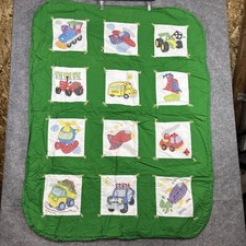 Vtg Hand Embroidered Hand Quilted Baby Quilt Blanket 52x40 Cars Planes Tractors