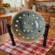 Vtg Studio Art Pottery Clay Berry Colander Strainer - 5” D - Green & Blue Glazes