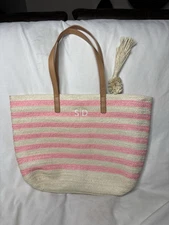 MARK & GRAHAM PINK STRIPED STRAW TASSEL TOTE W/ “SD” Monogram