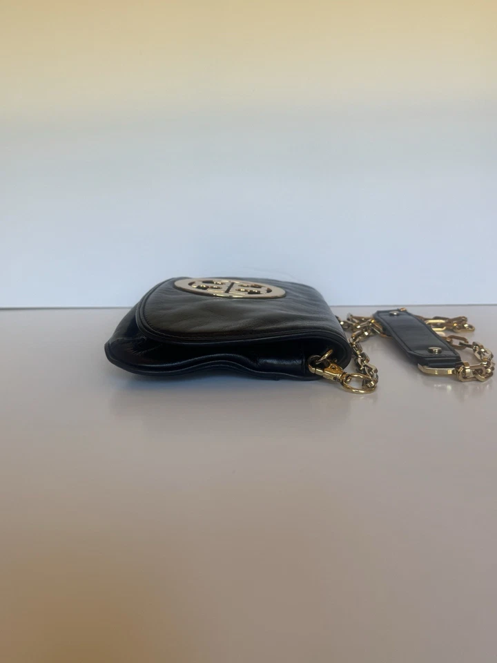 Tory Burch Reva Black Leather Gold Accent Chain Strap Crossbody Clutch Bag - Image 4 of 4