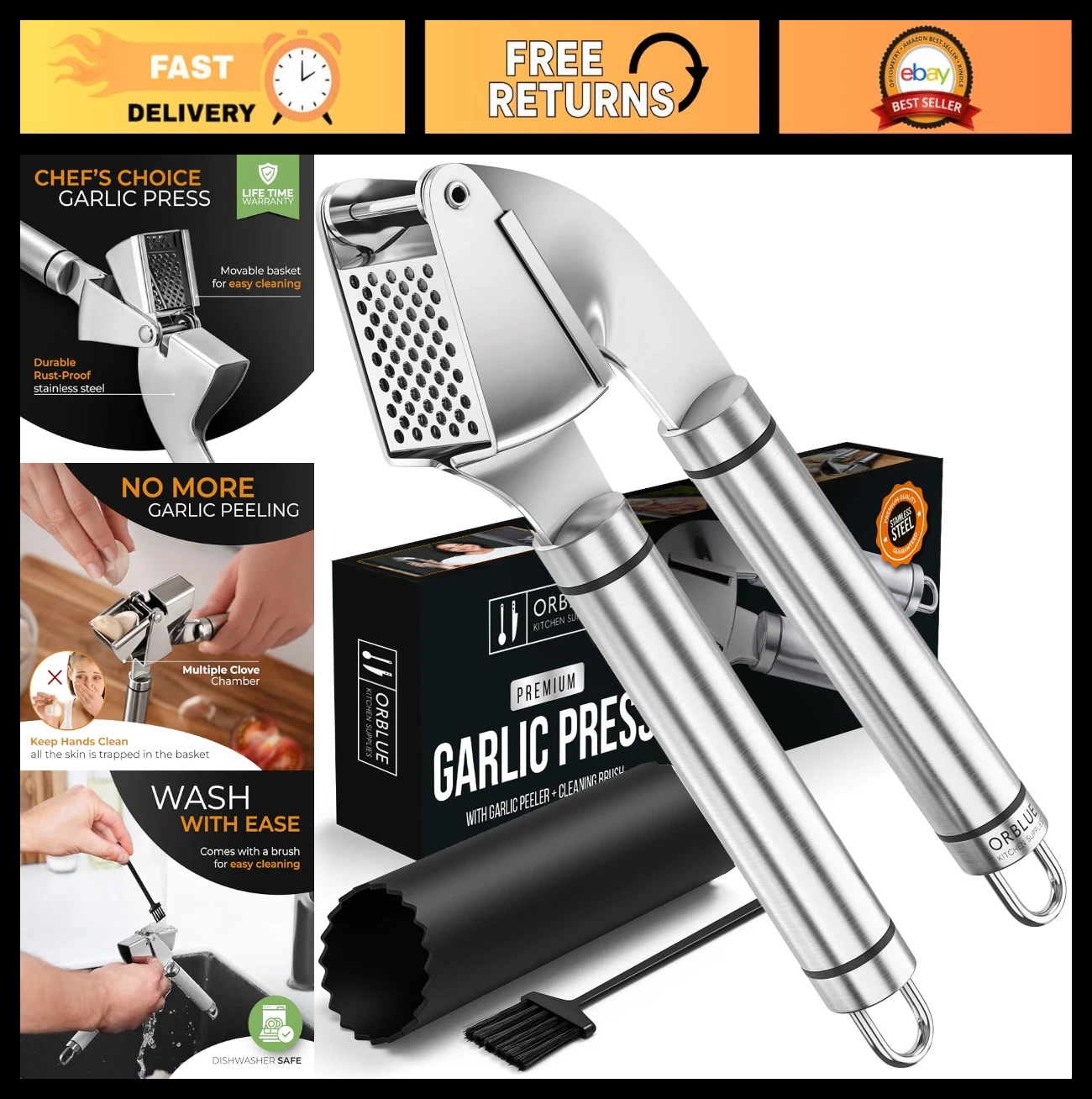 Stainless Steel Garlic Press & Peeler Set - Professional Grade Mincer, Easy Clea