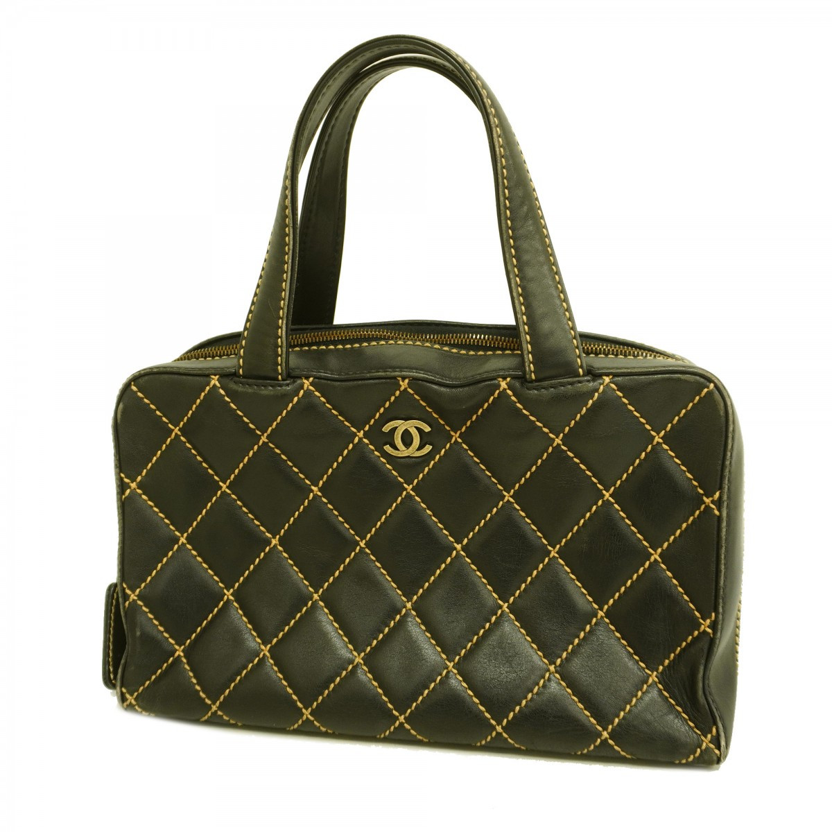 5Bb0316 Chanel Handbag Wild Stitch Leather Black Used Women 5Bb0316 Chanel Handbag Wild Stitch Leather Black Used Women