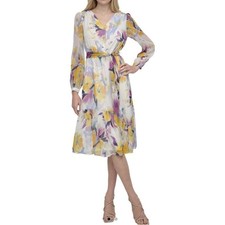 DKNY Sunshine Floral Chiffon Midi Dress Yellow Purple NEW size 14