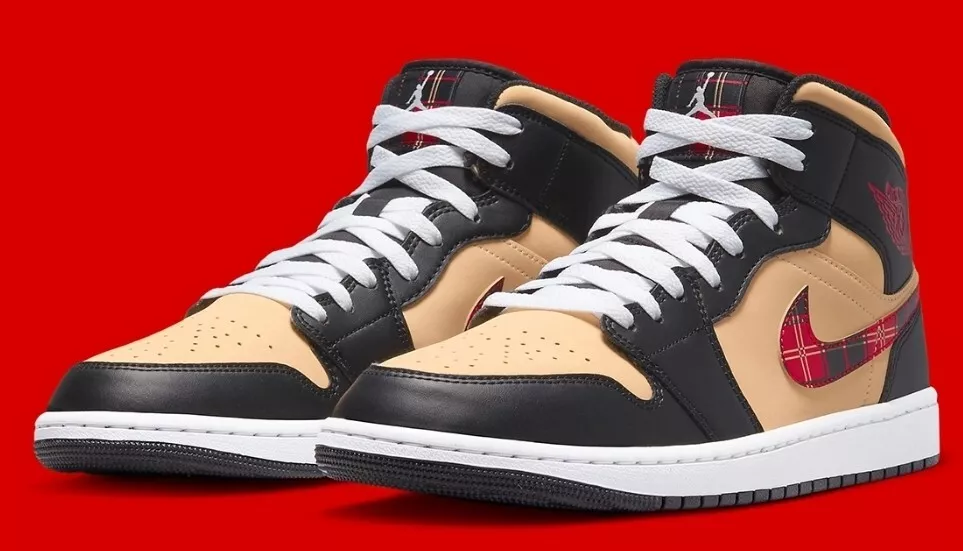 Nike Air Jordan 1 Mid Tartan Swoosh Tan Black Red DZ5329-001 Men's Size 11
