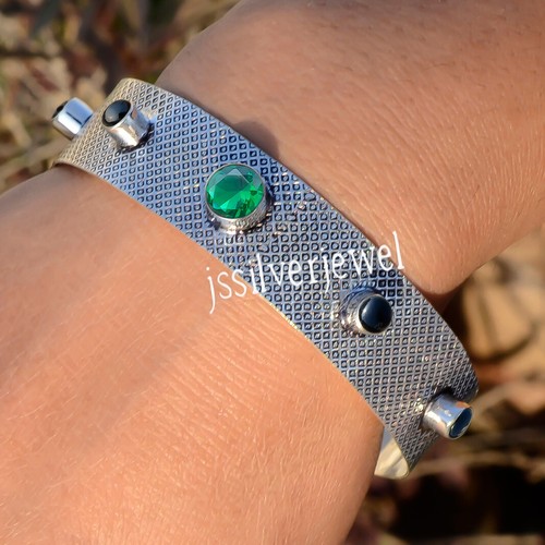 Bracelet Manchette En Argent 925 Avec Onyx Noir - Fait Main, Réglable, Pierre Naturelle
