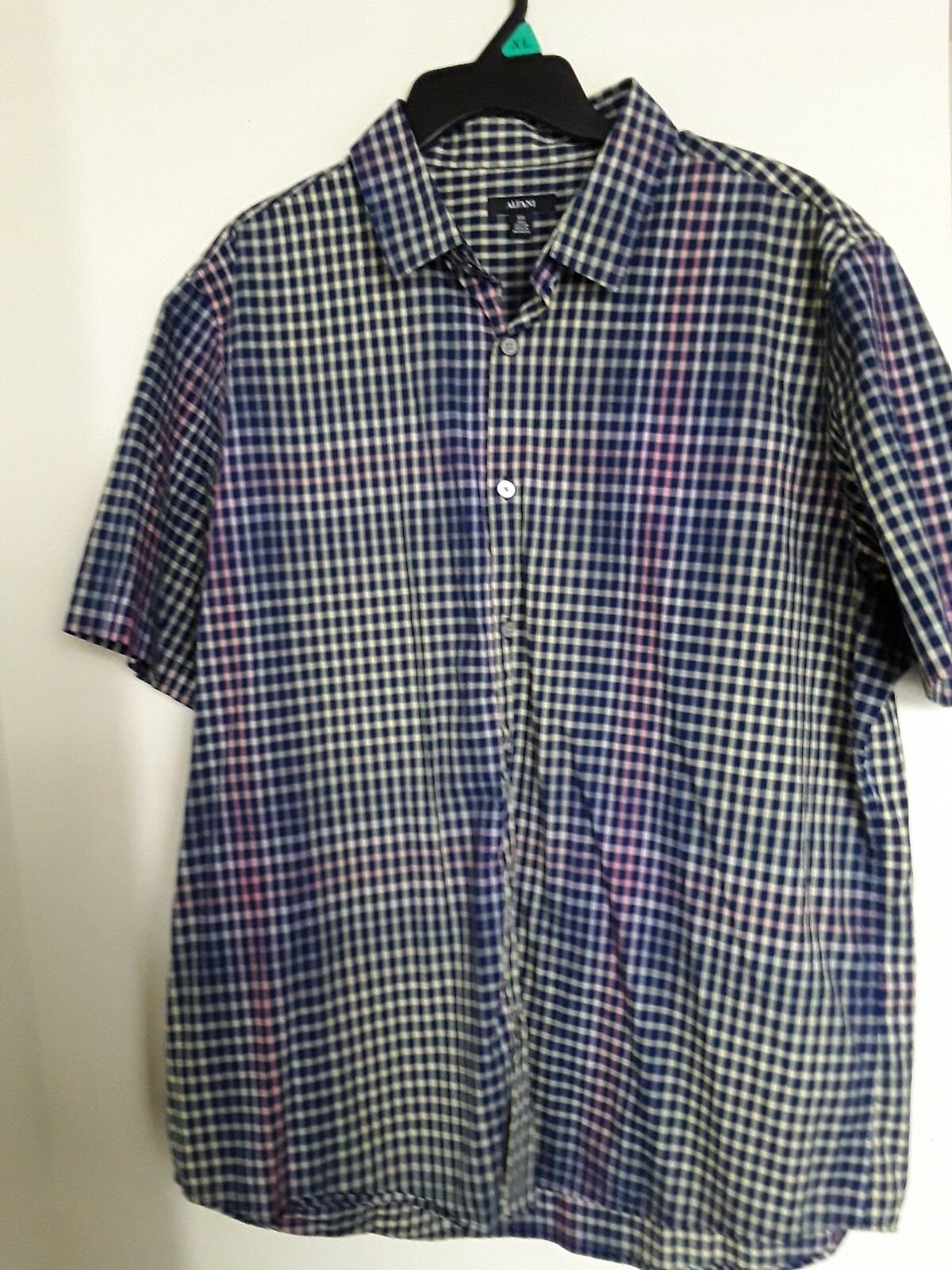 Alfani Mens Shirt XXL Navy Yellow Pink S/S Plaid Button Front Casual 2XL