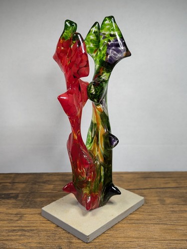 8¾" Glass Art Deco Sculpture w/ Base, Hand Crafted Abstract, Green Red Purple - Picture 5 of 19