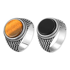 Men's Retro Round Gemstone Ring Vintage Stainless Steel Scales Hip Hop Ring Band