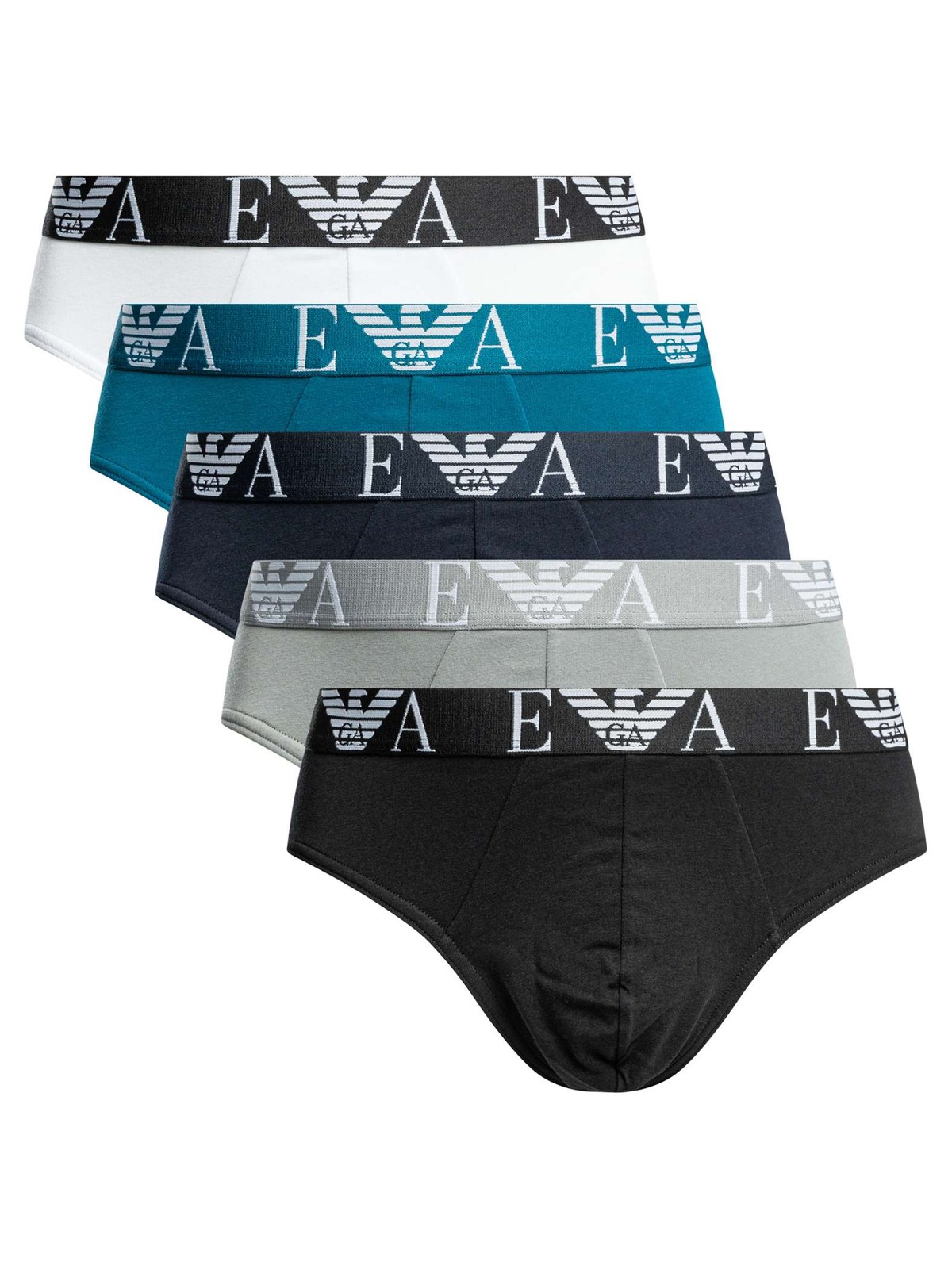 Emporio Armani 5 Pack Briefs, Black/Grey/Blue/Green/White - L