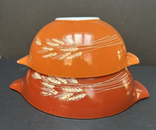 2 Vintage PYREX  Autumn Harvest Wheat Stalk Cinderella Nesting Bowls 443 and 444