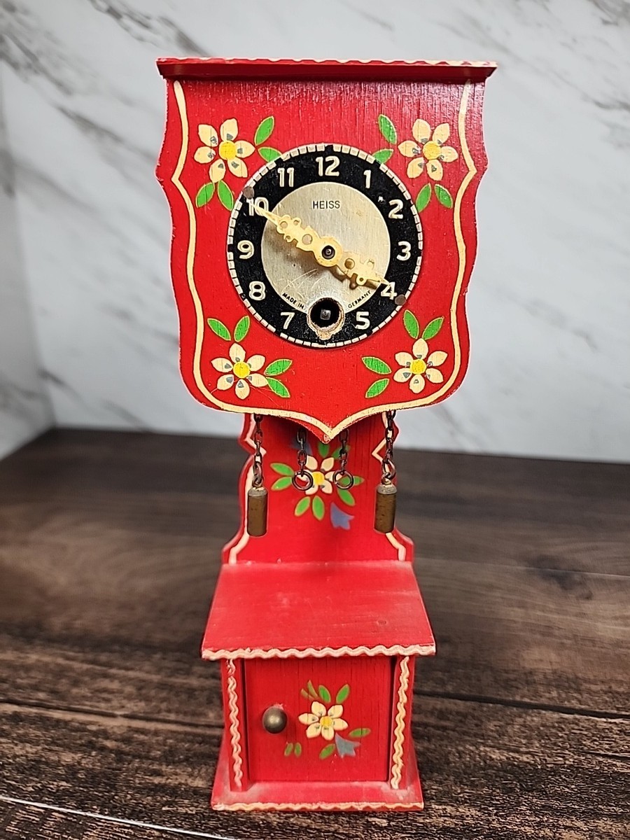 VTG Miniature Grandfather Clock Heiss Germany Red Wood Hand