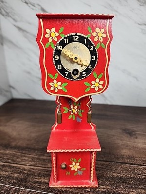 VTG Miniature Grandfather Clock Heiss Germany Red Wood Hand