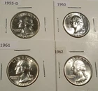 LOT OF 4 BU WASHINGTON QUARTERS 1955-D 1960 1961 1962 0.7233 oz SILVER 25c
