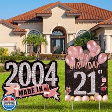 2pcs Birthday Yard Signs,21st Birthday Decorations for Her Rose Gold Happy 21