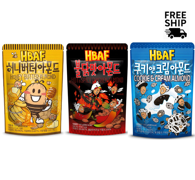 HBAF 3-Flavor Almond Snack Set | Honey Butter, Buldak, Cookies & Cream | 120g×3