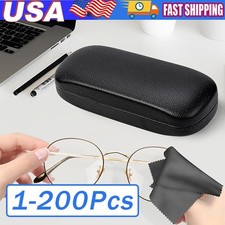 NEW Clam Shell Hard Eyeglasses PU Glasses Case Black w/Microfiber Cleaning Cloth