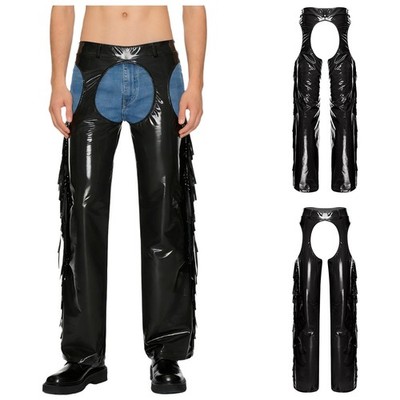 DE Lack Leder Western Chaps Herren Western Cowboy Kostüm Offene Schritt Hosen