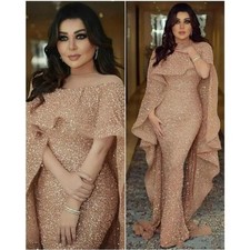 Sequin Mermaid Dresses Plus Size Long Formal Evening Gown with Sheer Neckline