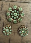 Vintage Gold Tone Floral Brooch and Earrings Set With Light Green Rhinestones — photo 3