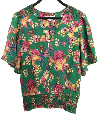 Hale Bob 100% Silk Green Floral Seahorse Smocked Short Sleeve Blouse Small NWT