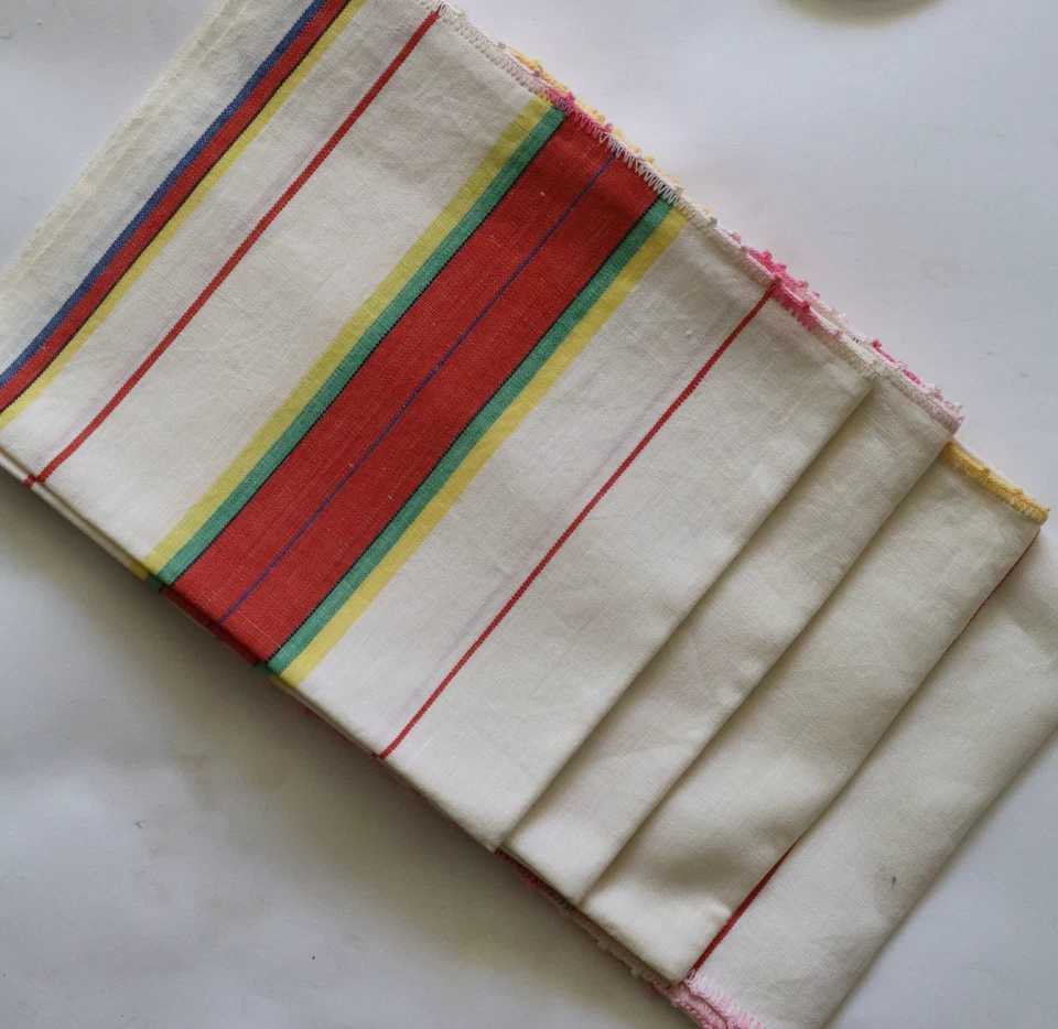 Vintage Floursack? Napkin Set w 4 Napkins Red, Green, Yellow, Blue Stripe 18x27" - Image 4 of 4