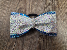 Rhinestone Glitter Bling Tailless Blue White Silver Cheer Bow Ponytail Holder