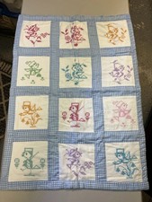 Vintage Embroidered Birds Baby Quilt Blue Gingham Border  Back approx 33.5 x 24