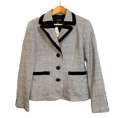 NEW Peck & Peck Blazer Womens 4 Blazer Ivory Brown Tweed Wool Blend Velvet Trim