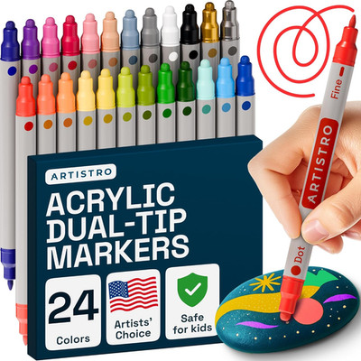 Acrylic Paint Markers for Rock, Fabric, Wood, Glass, Craft - 24 Quick Dry Dual-T