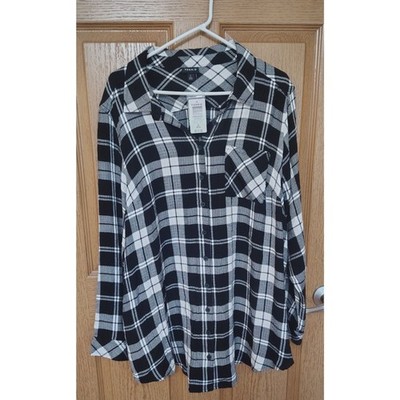 Torrid Lizzie Crinkle Flannel Button Up Tunic Shirt Black White Plaid 2X NWT