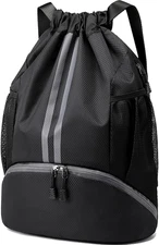 Sports Drawstring Backpack - String Swim Gym Bag with Shoes Compartment and Wet 