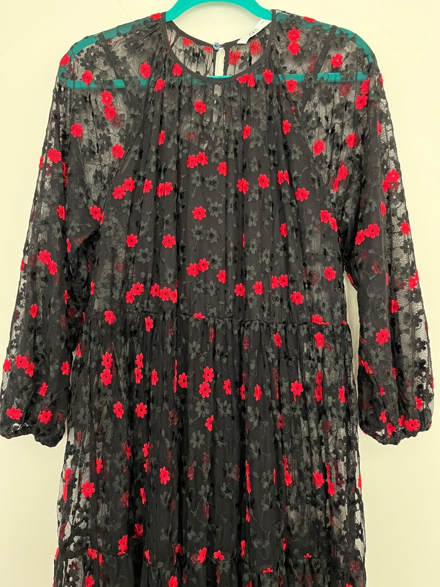 Zara Women's Maxi Lace Dress with Embroidered Red/Black Flowers Size S  Pre-Owned | eBay