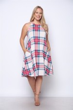 Womens Plus Size Plaid Print Dress 1XL Pockets Sleeveless Summer Travel 