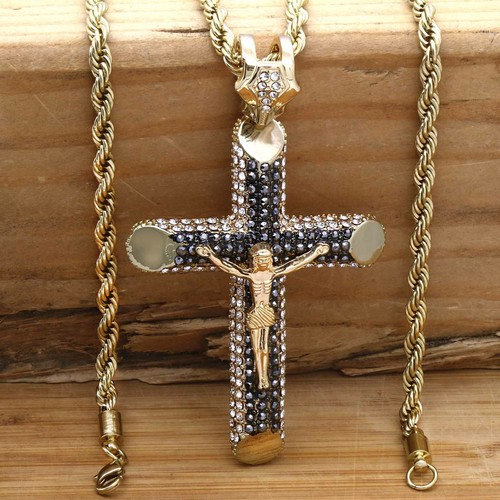 Men's 14k Gold Pl Large Cz JESUS CROSS 