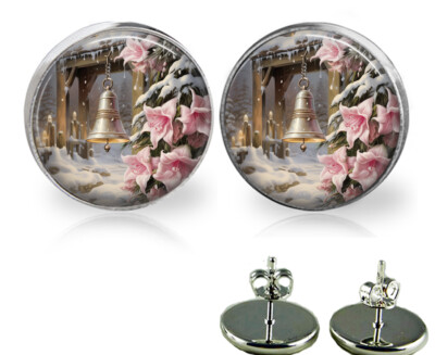 Christmas Bells Pink Flowers Snowy Evergreens Stud Earrings Holiday Jewelry