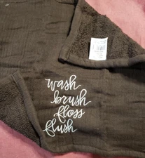 Washcloth Guest Finger Towel WASH BRUSH FLOSS FLUSH Cotton 13x13 in Chocolate 