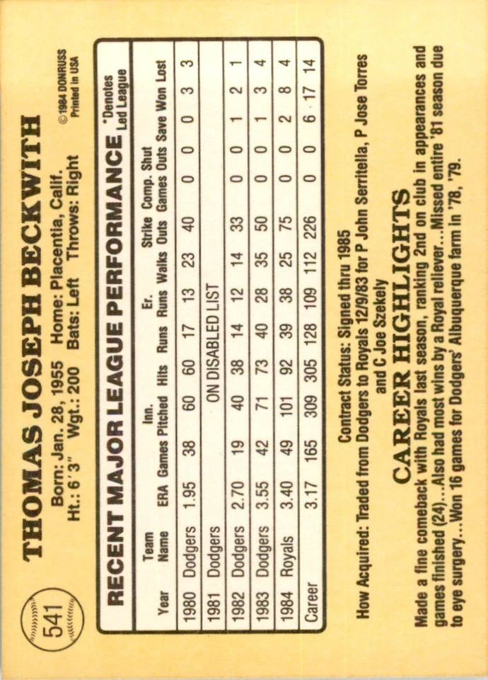 1985 Donruss Joe Beckwith 100 Baseball Cards #541 - Image 2 of 2