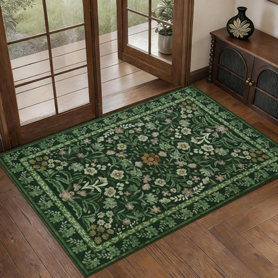 Kleinflächenteppich Waschbar 60X90Cm Grün Fußmatten Indoor Rutschfest Blumen Nachttisch Ru