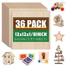 36 Pack 12x12 Basswood Sheets 1/8 Inch, Unfinished 12x12x1/8in, 36P