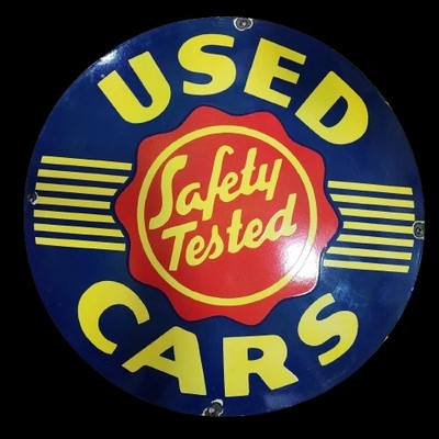 PORCELAIN USED CARS  ENAMEL SIGN 30X30 INCHES  DOUBLE SIDED 
