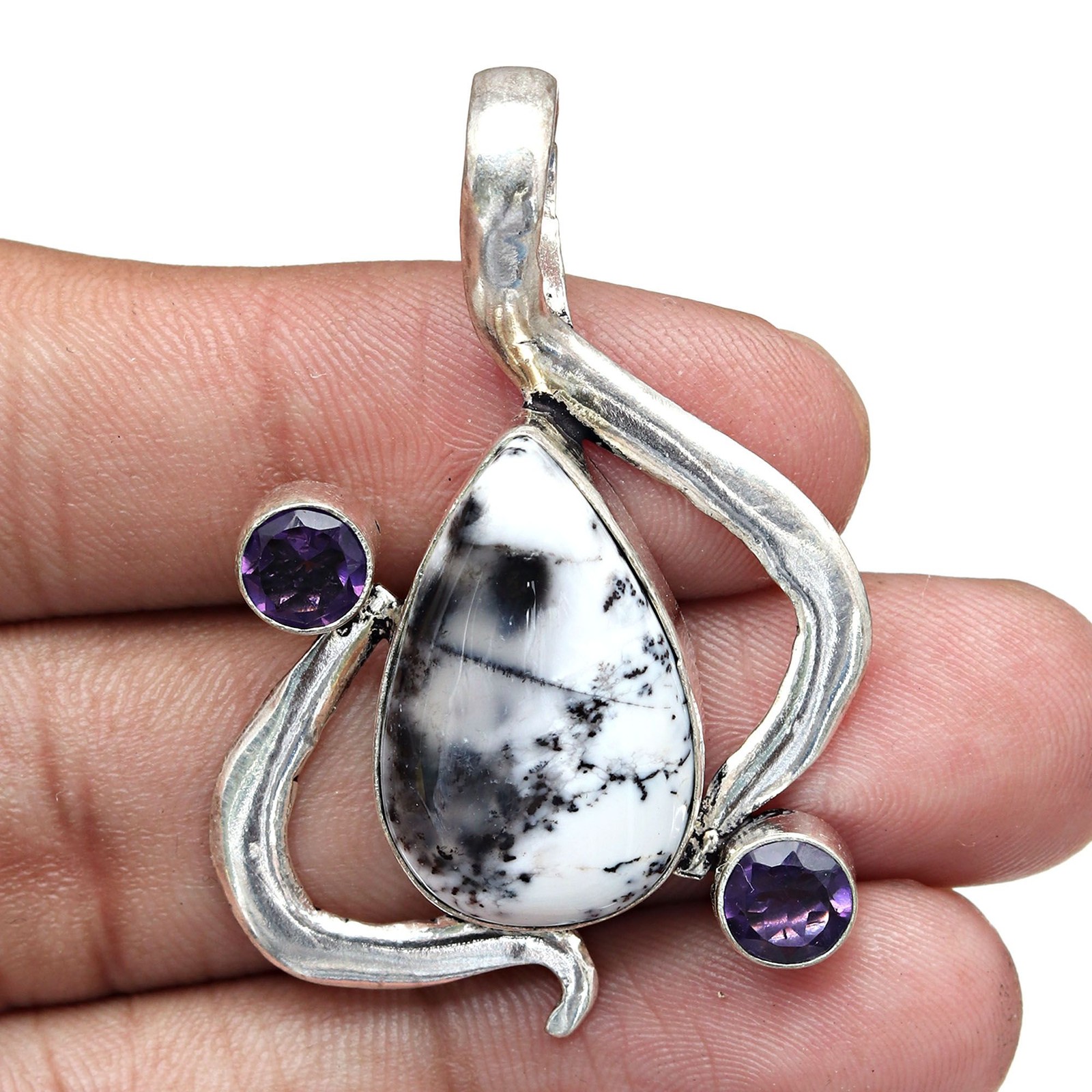 Handmade Dendritic Opal Silver Pendant Necklace 2.5 Inches