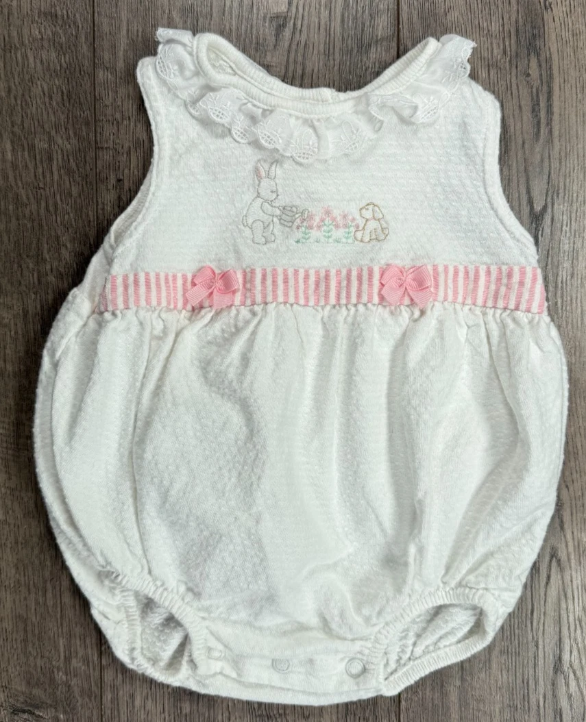 Baby Girl Clothes Vintage Carter's 3-6 Month White Pink Bunny & Dog Romper